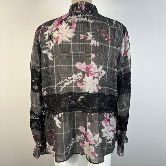 DKNY Black and Pink Floral Plaid Blouse - Picture 3 of 10